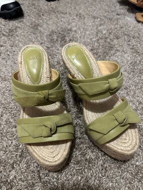 Alexandre Birman Olive Green Wedge Espadrille Slides with Knot Straps